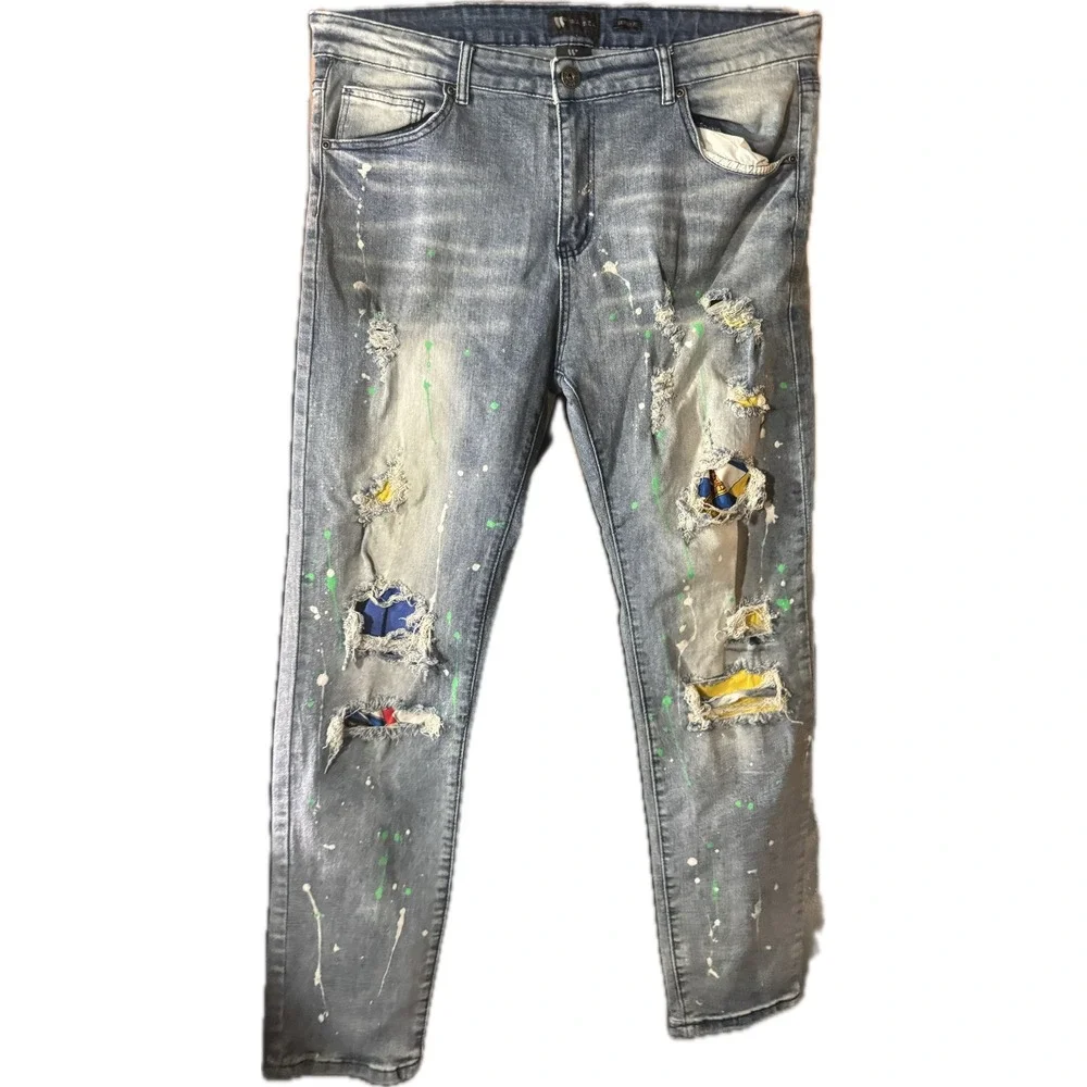 Waimea Mens Skinny Fit Distressed Patchwork Paint‎ Splatter Jeans Light Wash 38